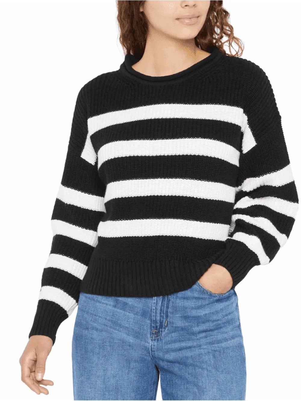 GAP Women’s Large Black White Striped 100% Cotton Knit Crewneck Sweater Coastal